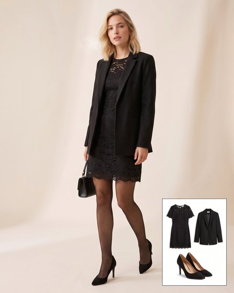 Siyah dantel mini elbise ve siyah blazer ceket ile hazırlanmış özel gün kombini