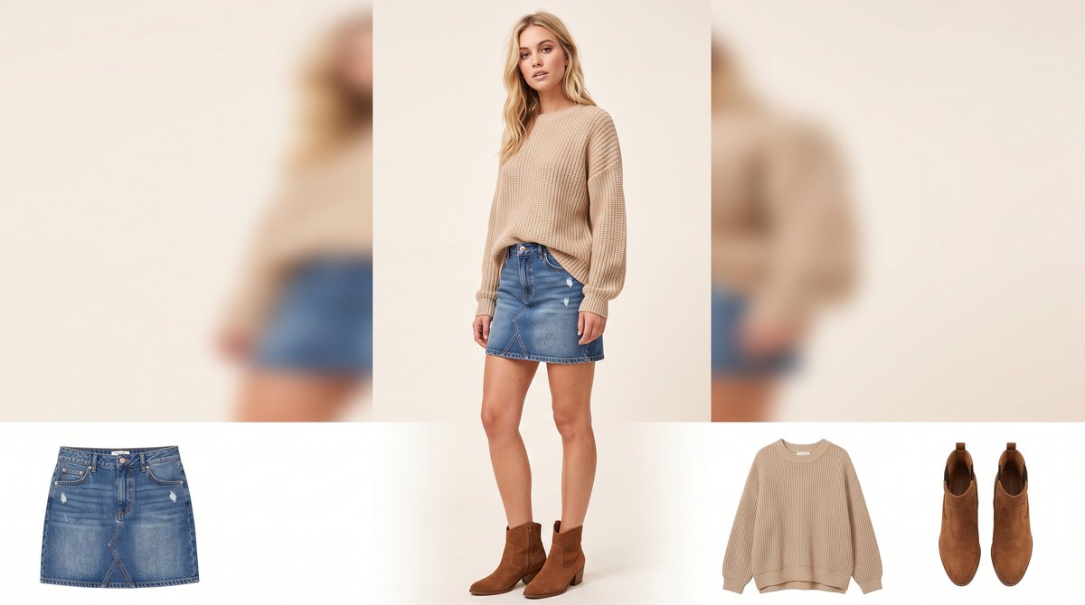 Denim mini etek, bej triko kazak ve kahverengi bot ile hazırlanmış günlük mini etek kombini