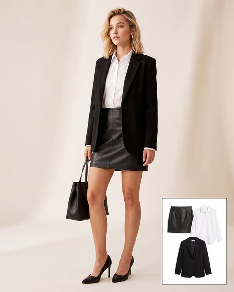 Siyah deri mini etek, beyaz gömlek ve siyah blazer ceket ile hazırlanmış ofis kombini
