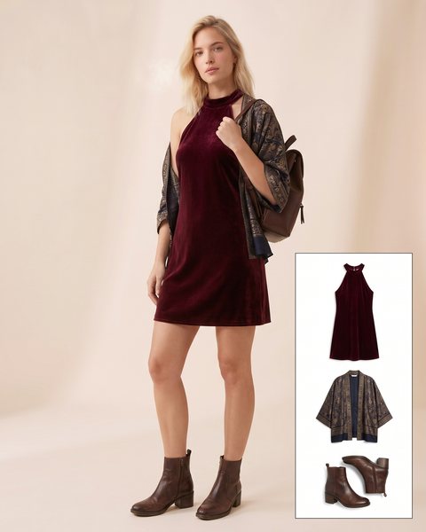 Bordo kadife halter mini elbise, desenli şal ve kahverengi bot ile hazırlanmış gece kombini