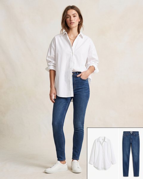Beyaz oversize pamuklu gömlek, dar kesim lacivert kot pantolon ve beyaz spor ayakkabı ile hazırlanmış günlük oversize kombini