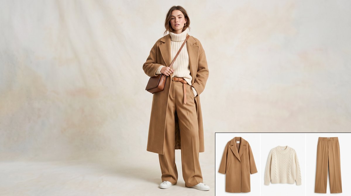 Kamel oversize kaban, kırık beyaz triko kazak ve bol paça kumaş pantolon ile hazırlanmış sonbahar-kış oversize kombini