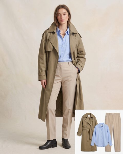 Haki oversize trençkot, açık mavi gömlek ve bej kumaş pantolon ile hazırlanmış ofis oversize kombini