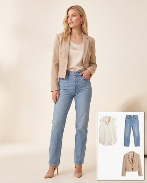 Krem kolsuz saten bluz, açık mavi kot pantolon ve bej blazer ceketten oluşan günlük ofis kombini