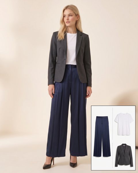 Lacivert pilili saten pantolon, beyaz tişört ve antrasit blazer ceketten oluşan ofis kombini