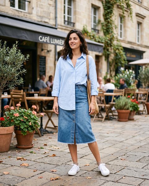 Kot midi etek ve oversize gömlek ile hazırlanmış günlük kombin