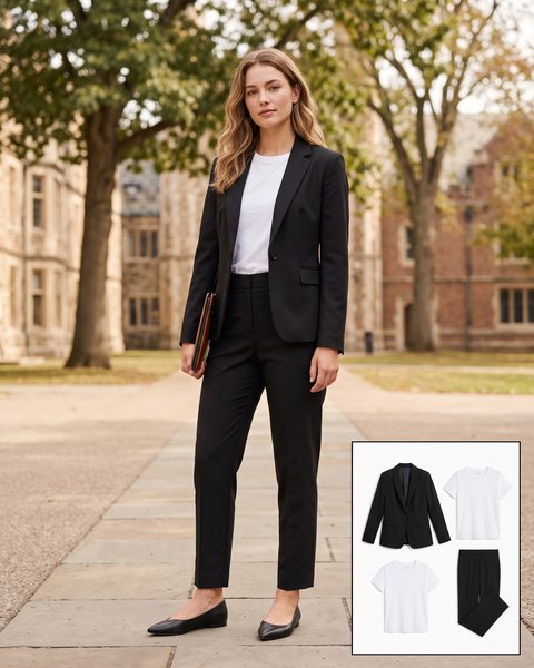 Siyah blazer ceket, beyaz tişört ve siyah kumaş pantolon ile hazırlanmış sunum günü kombini