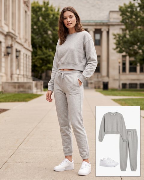Açık gri crop sweatshirt, aynı tondan jogger eşofman altı ve beyaz spor ayakkabı ile hazırlanmış rahat kampüs kombini