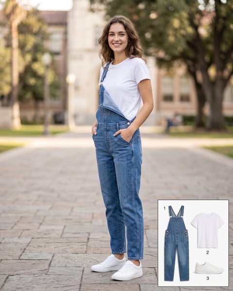 Mavi denim salopet, beyaz tişört ve beyaz spor ayakkabı ile hazırlanmış günlük kampüs kombini
