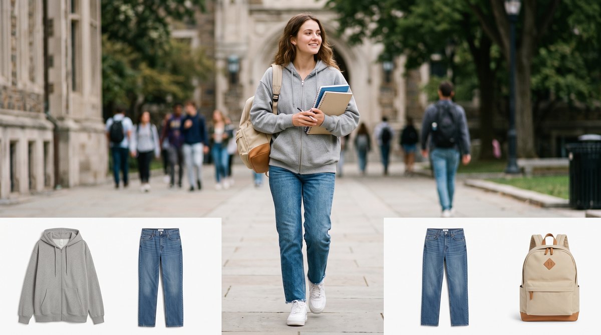 Gri oversize fermuarlı kapüşonlu sweatshirt, mavi kot pantolon, beyaz spor ayakkabı ve bej sırt çantası ile hazırlanmış üniversite günlük kombini
