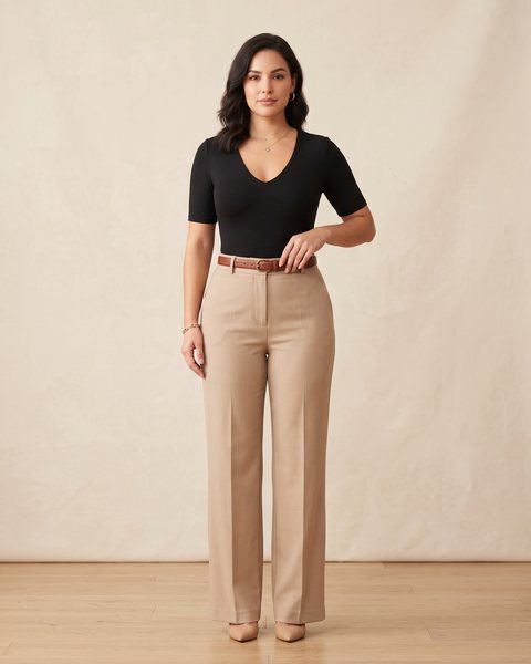 Siyah bodysuit ve yüksek bel bej pantolon ile hazırlanmış kum saati vücut tipi kombini