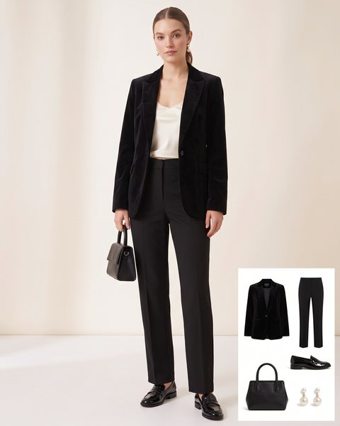 Siyah tek düğmeli kadife blazer ceket, fildişi dantel şeritli saten askılı bluz, siyah düz paça pantolon, siyah rugan makosen, siyah el çantası ve inci sarkıt küpe ile hazırlanmış yılbaşı kombini